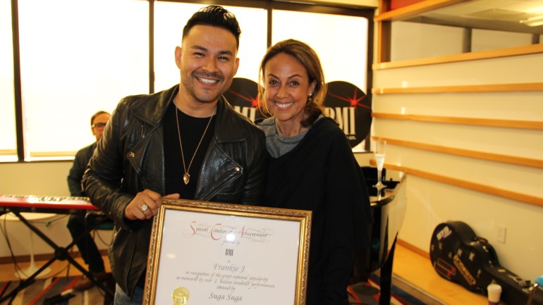 Frankie J and BMI’s Delia Orjuela after he was presented with the Special Certificate of Achievement for over 1 million broadcast performances of “Suga Suga”