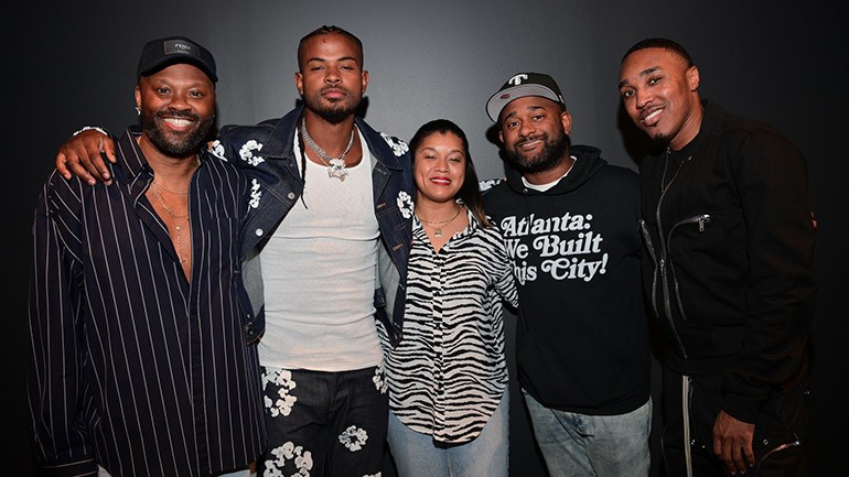 BMI’s Wardell Malloy, artist Trevor Jackson and BMI’s Marche Butler, Byron Wright and Reggie Stewart attend the Trevor Jackson “He Don’t Know” Listening Party hosted by BMI at MODEx Studio in Atlanta, GA on April 23, 2024.