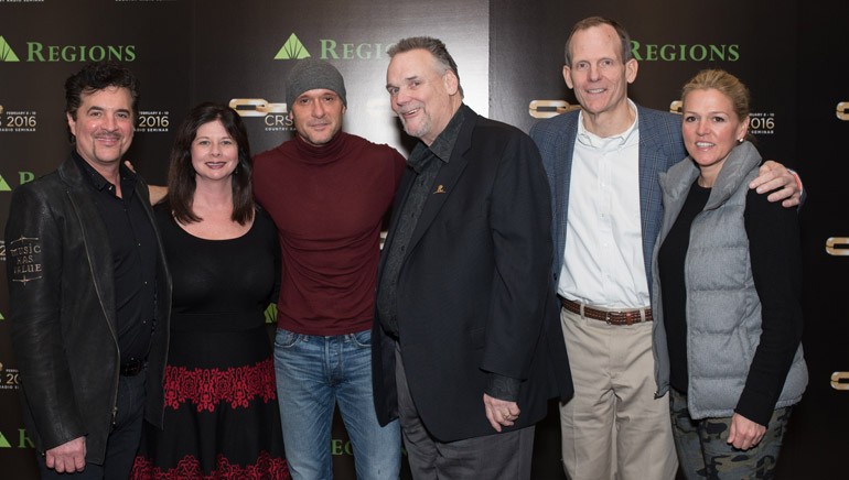 Big Machine Label Group President & CEO Scott Borchetta, BMI’s Jessica Frost, BMI songwriter Tim McGraw, Country Radio Seminar Executive Director Bill Mayne and BMI’s Dan Spears and Leslie Roberts pose for a photo during BMI’s sponsored session at CRS in Nashville.