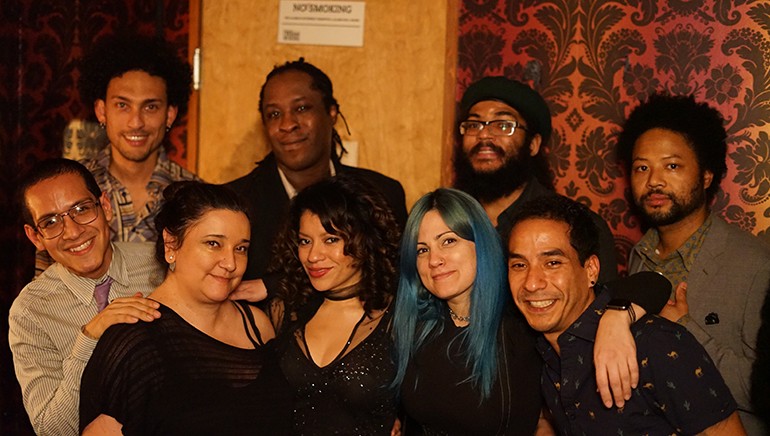 Back (L to R): Members of Delsonido Sebastian Chiriboga, Elkin Pautt, Jason Disu, Jhonatan Toscario and Carter Yasutake pose during BMI’s Sabores Latinos showcase in New York. Front (L to R): Eclectic Media’s Yuzzy Acosta, Delsonido’s vocalist Mariela Price, BMI’s Mary Russe and Ivan Garizabalo.