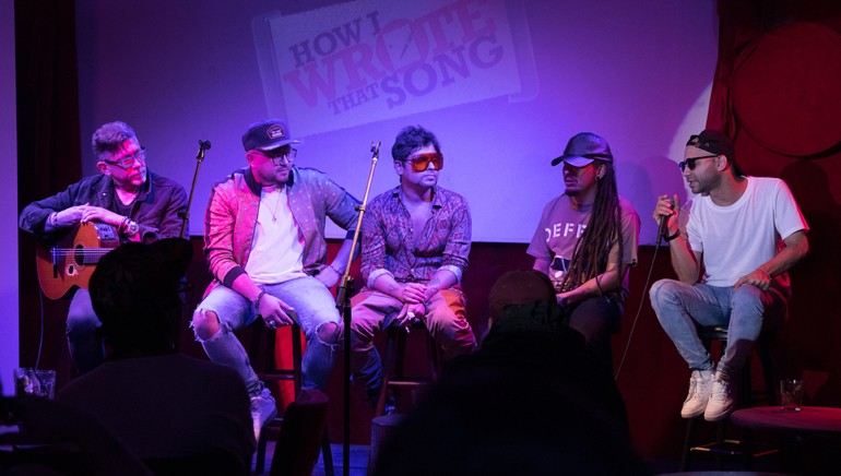 Pictured onstage at BMI’s “How I Wrote That Song”® (L to R): Yasmil Marrufo, Mario Cáceres, Servando Primera, Patrick Ingunza, and Haze