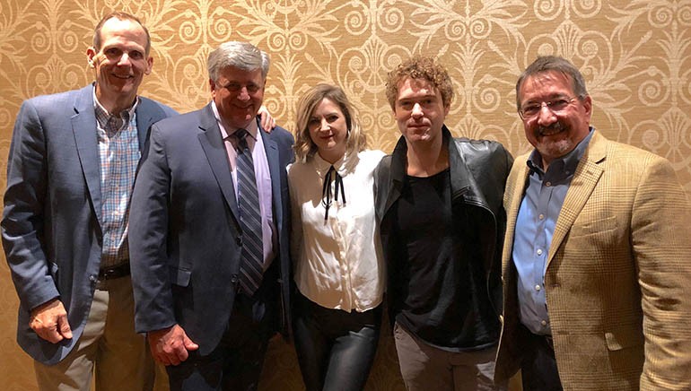 Pictured (L-R) after the performance at the Maine Hospitality Summit are: BMI’s Dan Spears, HospitalityMaine CEO Steve Hewins, Sarah Zimmerman and Justin Davis of Striking Matches and DiMillo’s Restaurant owner/manager and HospitalityMaine Board Vice Chair Steve DiMillo.