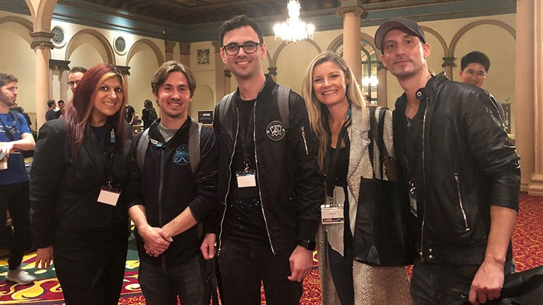 Pictured are BMI’s Anne Cecere (left) and Natalie Baartz (second from right) with BMI composers Kole Hicks, Sebastien Najand and Jason Willey of Riot Games during Game Sound Con 2019 in LA.