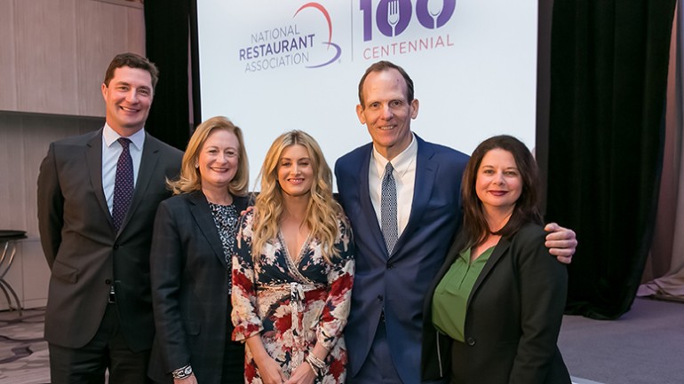 Pictured (L-R) before Stephanie Quayle’s performance at the National Restaurant Association’s public affairs conference are: BMI’s Michael Collins, National Restaurant Association President and CEO Dawn Sweeney, BMI songwriter Stephanie Quayle and BMI’s Dan Spears and Jessica Frost.