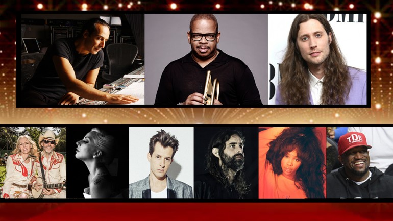 Pictured top row from left are: Alexandre Desplat, Terence Blanchard, Ludwig Göransson. Bottom row from left: Gillian Welch & David Rawlings, Lady Gaga, Mark Ronson, Andrew Wyatt, Solana Rowe (SZA), Anthony Tiffith.