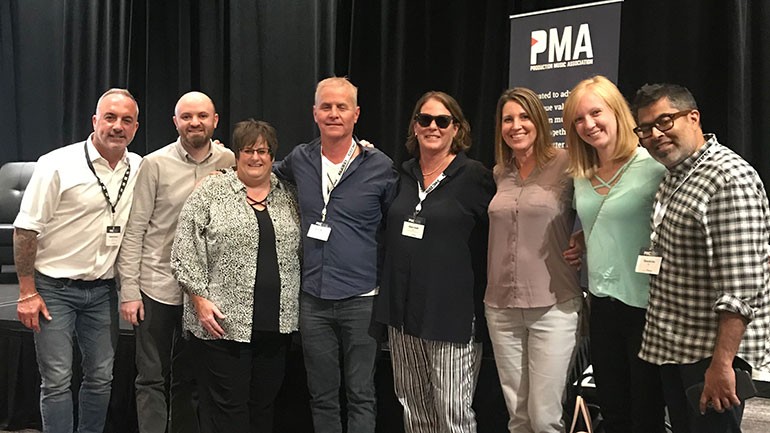 BMI’s Michael Crepezzi, Philip Shurt and Misha Hunke, renowned composer Blake Neely and BMI’s Alison Smith, Dina Partington, Megan McNary and Shouvik Das pause for a photo at the annual Production Music Conference on September 26th, 2019, in Hollywood.