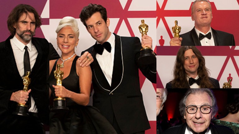 Pictured on the left are: Andrew Wyatt, Lady Gaga and Mark Ronson. Pictured on the top right is John Ottman, followed by Ludwig Göransson and Lalo Schifrin.