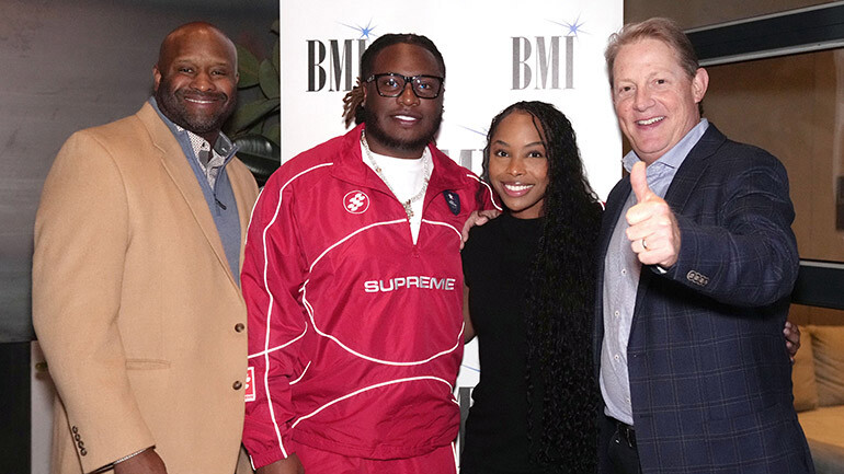 BMI’s Shannon Sanders, Tay Keith, BMI’s Christopher Scott-Wallace and BMI’s Clay Bradley attend BMI’s Creative Community Mixer at PROOF in Nashville, TN on November 15, 2024.