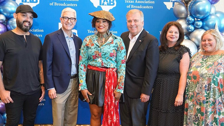 Pictured before BMI singer/songwriter Tameca Jones performance at the 2023 Texas Association of Broadcasters Annual Conference (L to R): Tameca’s guitarist Eli Menezes, Texas Association of Broadcasters President Oscar Rodriguez, BMI Singer- Songwriter Tameca Jones, ATW Media President and TAB Board Chairman Paul Gleiser, BMI’s Jessica Frost and Kristen Townsend.