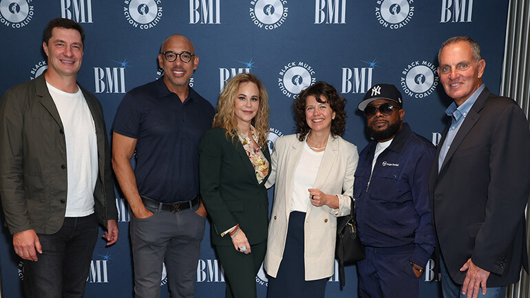 L to R: Panelists Michael Collins (VP Government Relations, BMI), Harvey Mason, Jr. (CEO, The Recording Academy), Dina LaPolt (Founder & Owner, LaPolt Law/Co-Founder & Board Member, SONA) and Kathleen Grace (CCO, Vermillio) pose with co-hosts Mike O’Neill (President & CEO, BMI) and Prophet (President & CEO, BMAC) at BMI’s LA office on September 18, 2024.