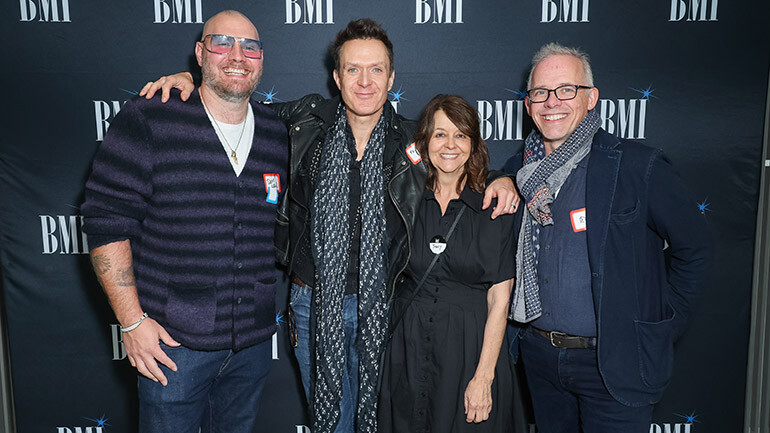 (L-R) Dominic Lewis, Fil Eisler, BMI’s Tracy McKnight, and Ed Shearmur at BMI’s holiday Creative Community Connector on Wednesday, December 4, 2024, in Beverly Hills, CA.