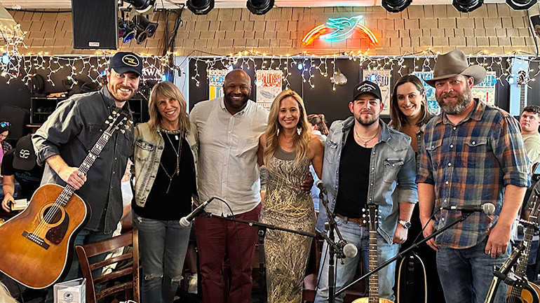 Photo L-R: Wyatt McCubbin (BMI), The Bluebird Café’s Erika Nichols, BMI’s Shannon Sanders, Jessi Alexander (ASCAP), Kameron Marlowe (BMI), BMI’s MaryAnn Keen and Jeff Hyde (BMI).