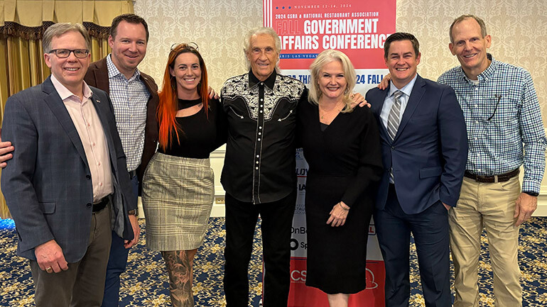 Pictured with BMI songwriter Bill Medley after his fireside chat with BMI’s Dan Spears (L to R): Ohio Restaurant Association CEO and CSRA Board Chair John Barker, Connecticut Restaurant Association CEO Scott Dolch, Alaska Cabaret, Hotel, Restaurant and Retailers Association CEO and incoming CSRA Board Chair Sarah Oates Harlow, BMI songwriter Bill Medley, CSRA Executive Vice President Suzanne Bohle, Oregon Restaurant & Lodging Association CEO Jason Brandt & BMI’s Dan Spears.