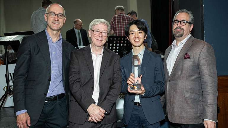 Assistant Musical Director Alan Ferber, BMI’s Senior Director, Jazz & Musical Theatre Patrick Cook, 2024 Charlie Parker Jazz Composition Prize Winner Takumi Kakimoto, and Musical Director Andy Farber at the 35th Annual BMI Jazz Composers Workshop Summer Showcase on June 5, 2024 at The Marjorie S. Deane Little Theater in New York City.