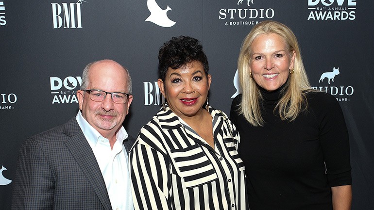 Studio Bank’s Ron Cox, Gospel Music Association’s Jackie Patillo, and BMI’s Leslie Roberts enjoy good company the official Dove Awards After Party, sponsored by BMI and Studio Bank.