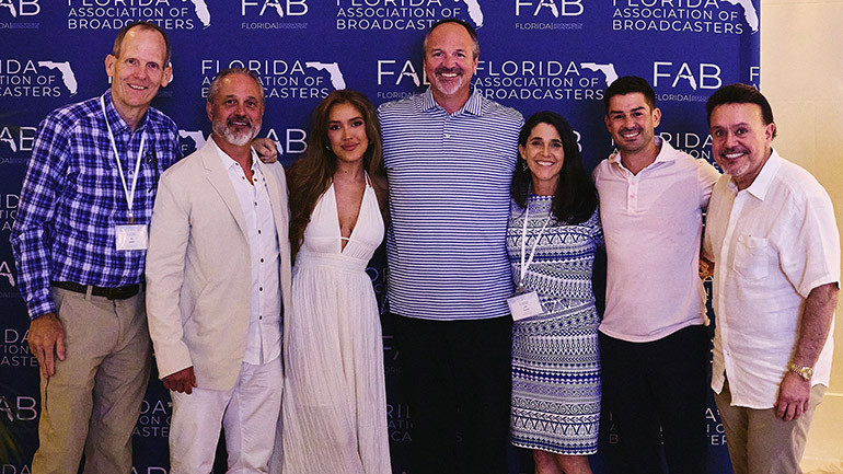 Pictured after Laci Kaye Booth’s performance at the 2024 Florida Association of Broadcasters Conference (L to E): BMI’s Dan Spears, VP/GM of Cox Media Group-Miami Ralph Renzi, BMI songwriter Laci Kaye Booth, VP/GM of Cox Media Group-Tampa Jason Meder, Montclair Communications President and incoming FAB Board Chair Lara Kunkler, VP/Market Manager of Beasley Media -Fort Myers/Naples A.J. Lurie, Actualidad Media Group President & FAB Board Chair Adib Eden.