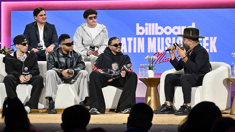 (Top, L-R) Alexis Fierro “Chachito,” Armenta, (Bottom, L-R) Albert Hype, Caleb Calloway, Álvaro Díaz, and BMI’s Jesus Gonzalez during BMI’s “How I Wrote That Song” panel at Billboard Latin Music Week at The Fillmore in Miami Beach on Tuesday, October 15, 2024.