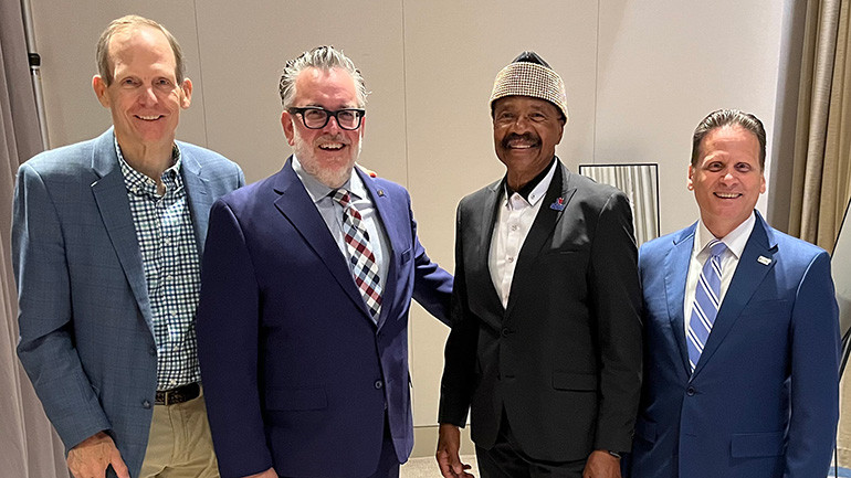 Pictured before BMI songwriter Wil Hart of The Delfonics takes the stage at a special Mayor’s Breakfast hosted by the Pennsylvania Restaurant & Lodging Association (L to R): BMI’s Dan Spears, PRLA Senior Vice President of Strategy & Engagement Ben Fileccia, BMI songwriter Wil Hart, PRLA CEO Joe Massaro.