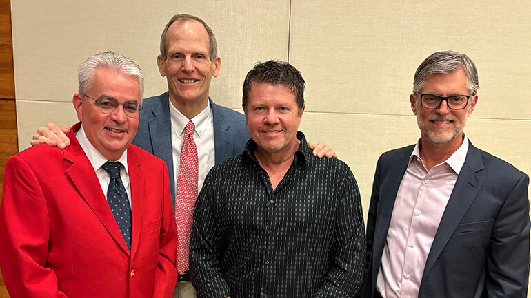 Pictured before award-winning BMI songwriter Lee Thomas Miller’s performance at the RAB Fall Board Meeting in Baltimore (l to r):  RAB CEO Mike Hulvey, BMI’s Dan Spears, BMI songwriter Lee Thomas Miller,  Townsquare Media COO and RAB Board Chair Erik Hellum.