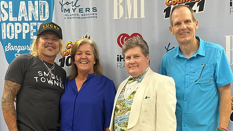 Pictured after Jeffrey Steele’s performance with the Gulf Coast Symphony Orchestra at the 2024 Island Hopper Songwriter Fest (L -R):  BMI songwriter Jeffrey Steele, Lee County Visitor and Convention Bureau Tourist Development Manager Nancy MacPhee, Gulf Coast Symphony Orchestra Maestro Andrew Kurtz, BMI’s Dan Spears.