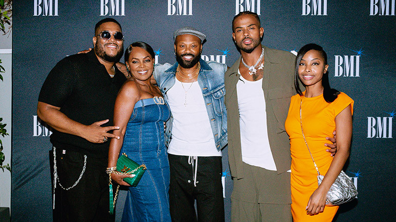 Gourdan Banks, BMI’s Catherine Brewton, BMI’s Wardell Malloy, Trevor Jackson and BMI’s Christopher Scott-Wallace attend BMI’s Acoustic Sunset Sessions at Skybar at Mondrian Los Angeles on September 4, 2024.