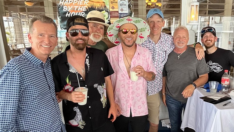 Pictured before the BMI-affiliated duo Lo Cash hit the stage at the Treasure Coast Songwriter Festival (L to R): iHeart Media Area President Mark McCauley, Lo Cash’s Preston Brust, BMI songwriter Dave Gibson, Lo Cash’s Chris Lucas, BMI’s Dan Spears, BMI songwriters Frank Myers and Jeffrey East.