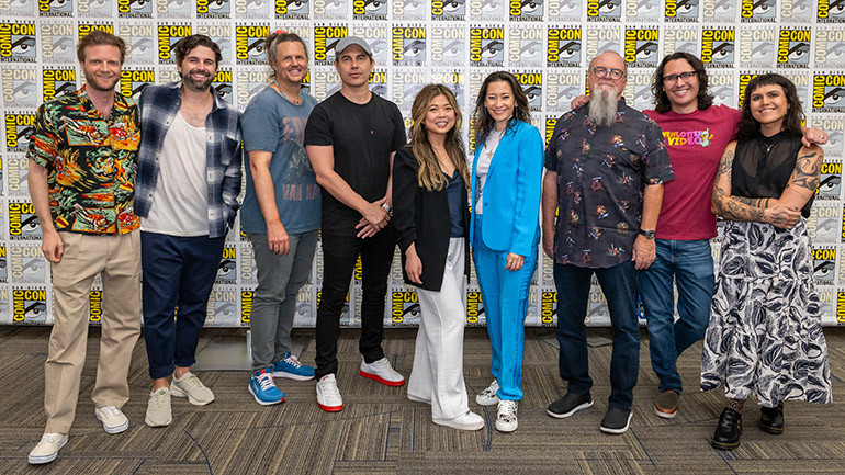 (L-R) BMI’s Louie Stephens and “The Character of Music: The Art of Scoring for Animation” panelists Alex Seaver, The Newton Brothers, Joy Ngiaw, Sherri Chung, Kevin Kiner, Sean Kiner, and Deana Kiner gather for a photo during Comic-Con 2024 at the San Diego Convention Center on Sunday, July 28.