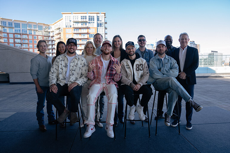 Photo Back Row L-R: BMI’s Jackson Kiger, BMI’s Lilly Brown, BMI’s Leslie Roberts, BMI’s Mason Hunter, BMI’s MaryAnn Keen, BMI’s Josh Tomlinson, BMI’s Shannon Sanders, BMI’s Clay Bradley; Front Row L-R: Joe London (BMI), Bailey Zimmerman (BMI), Austin Shawn (Producer), Grant Averill (BMI).