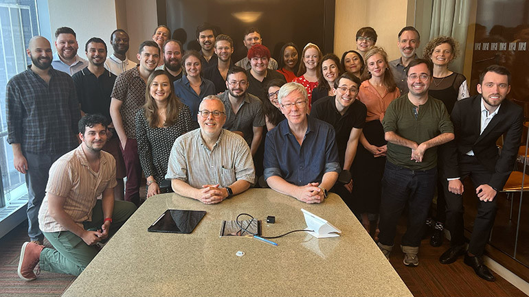 Patrick Cook, Senior Director of Musical Theatre, and Frederick Freyer, Workshop Administrator, gather with members of the BMI Lehman Engel Musical Theater Workshop’s annual “Spotlight” on June 6th at BMI’s headquarters in New York City.