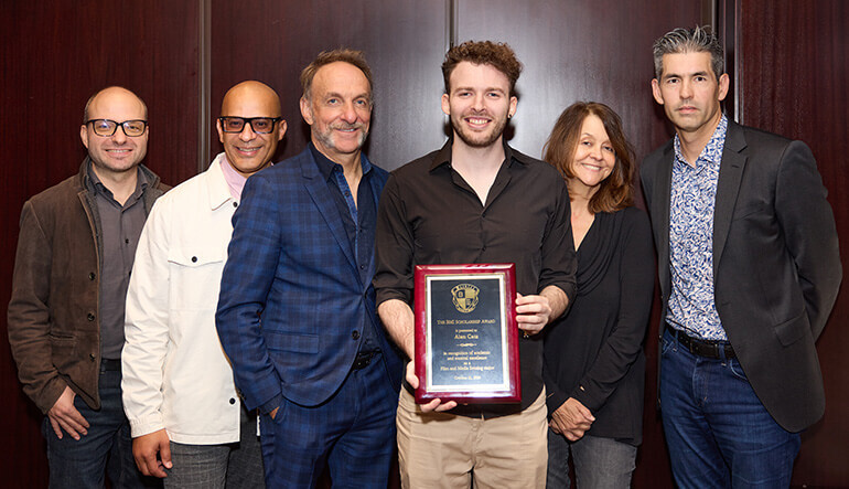 (L-R) Oleg Smirnov, Rodney Alejandro, Mychael Danna, scholarship recipient Alan Catz, BMI’s Tracy McKnight, and Berklee’s Sean McMahon gather for a photo during BMI Day at Berklee on October 21, 2024, in Boston, Massachusetts.