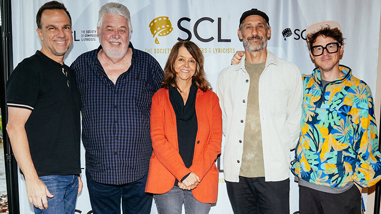 (L to R)- Carlos Rafael Rivera, SCL’s Ashley Irwin, BMI’s VP Film, TV & Visual Media Tracy McKnight, Rob Simonsen and Ryan Lott of Son Lux at Composer Conversations Presented by BMI and SCL at BMI’s Nashville office on September 27, 2024.