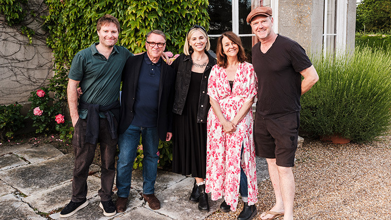 (L-R) Tom Howe, Chris Difford, Christina Perri, BMI’s Tracy McKnight, and Jamie Hartman gather for a photo during Chris Difford's Songwriting Retreat in Somerset, UK.