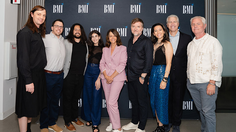 (L-R) Leopold Ross, Jacob Shea, Camilo Forero, Kara Talve, BMI’s Tracy McKnight, Atli Örvarsson, Sherri Chung, BMI’s Mike Steinberg, and Blake Neely gather for a photo at BMI’s Emmy Reception on Friday, September 6, 2024.