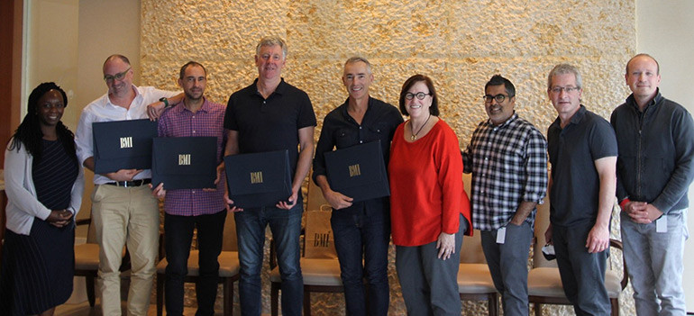 Left to right: Evelyn Morgan (BMI), Jonathan Carter (APRA) Andrew Harris (APRA), Richard Davison (APRA), Dean Ormiston (APRA CEO), Ann Sweeney, Das Shouvik, John Coletta, Evan Parness (BMI)